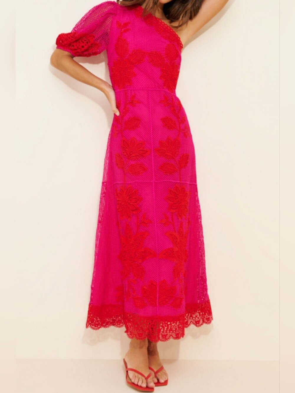 Farm Rio Bicolor Guipuire One-Shoulder Maxi Dress size M